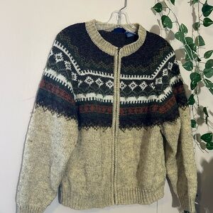Men's Beige and Black Patterned Zip-Up Sweater